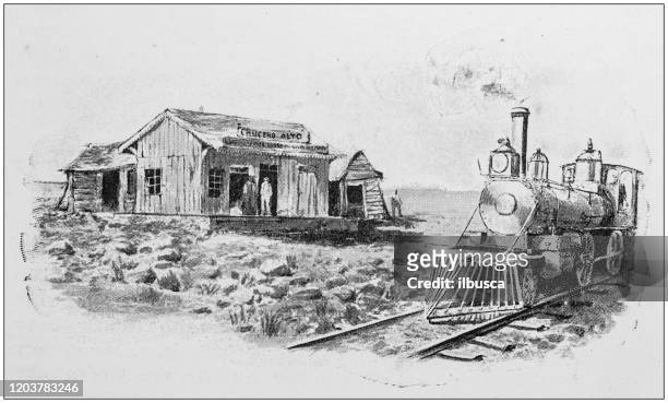 antique illustration: wild west train - early american western art stock illustrations