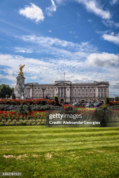 the park in front of buckingham palace in london, uk - buckingham palace front stock pictures, royalty-free photos & images