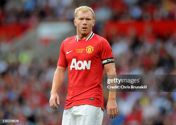 Paul Scholes of Manchester United looks on during his Testimonial Match between Manchester United and New York Cosmos at Old Trafford on August 5,...