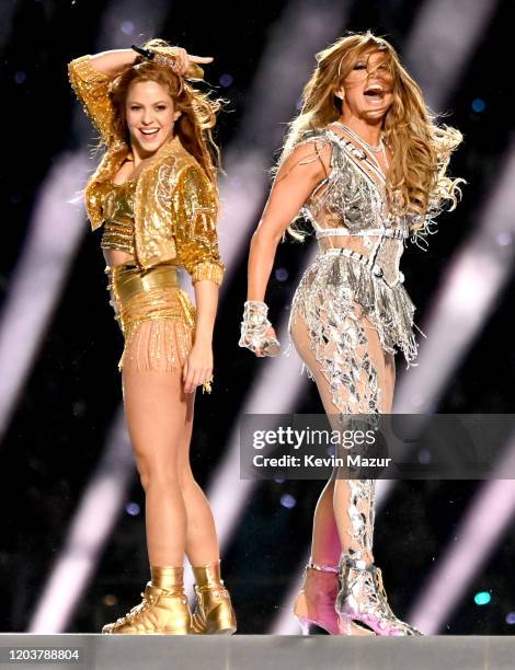 Shakira and Jennifer Lopez perform onstage during the Pepsi Super Bowl LIV Halftime Show at Hard Rock Stadium on February 02, 2020 in Miami, Florida.
