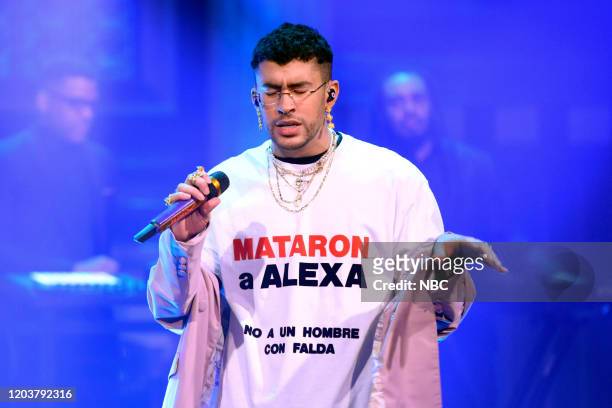 Episode 1214 -- Pictured: Musical guest Bad Bunny & Sech performs on February 27, 2020 --