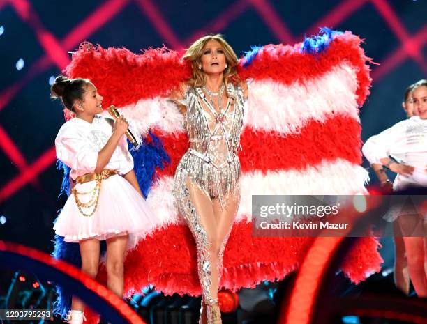 Emme Maribel Muñiz and Jennifer Lopez perform onstage during the Pepsi Super Bowl LIV Halftime Show at Hard Rock Stadium on February 02, 2020 in...