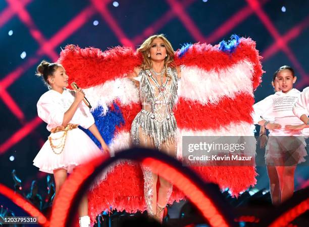 Emme Maribel Muñiz and Jennifer Lopez perform onstage during the Pepsi Super Bowl LIV Halftime Show at Hard Rock Stadium on February 02, 2020 in...