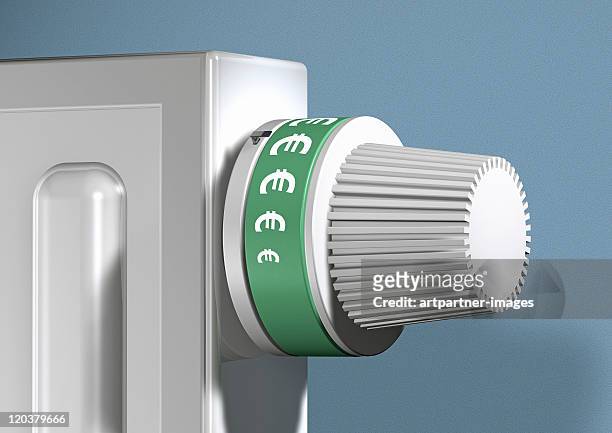 radiator with euro signs on the thermostatic valve - beeldmanipulatie stockfoto's en -beelden