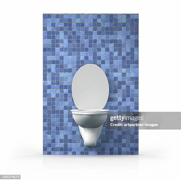 opened toilet on a blue wall with small blue tiles - man toilet stock-fotos und bilder