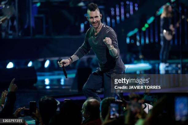 Maroon 5 US singer Adam Levine performs during the 61th Vina del Mar International Song Festival in Vina del Mar, Chile, on February 27, 2020.