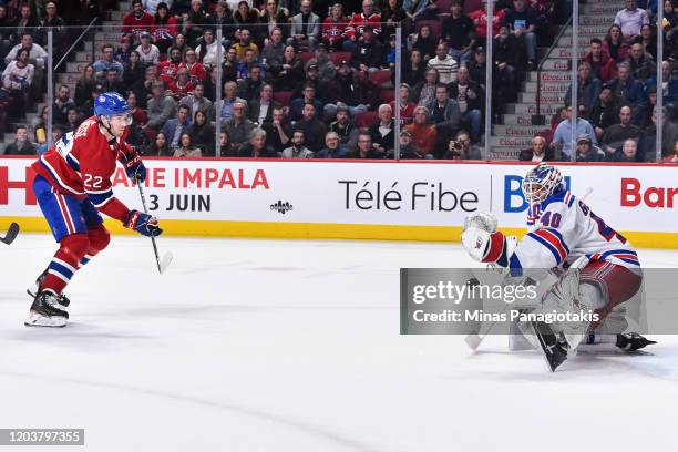 Goaltender Alexandar Georgiev of the New York Rangers makes a save on Dale Weise of the Montreal Canadiens during the second period at the Bell...