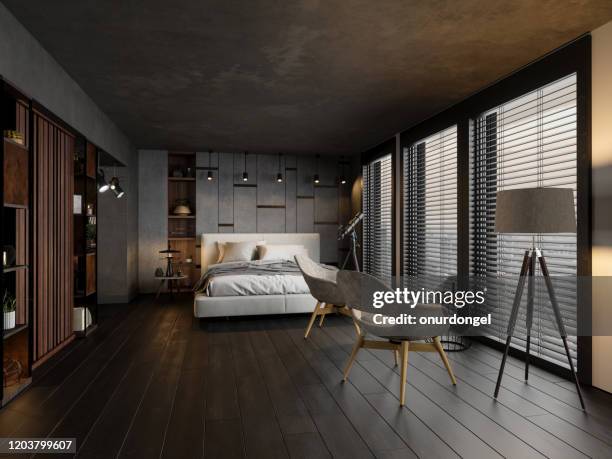 moderne slaapkamer in de avond - hotelsuite stockfoto's en -beelden