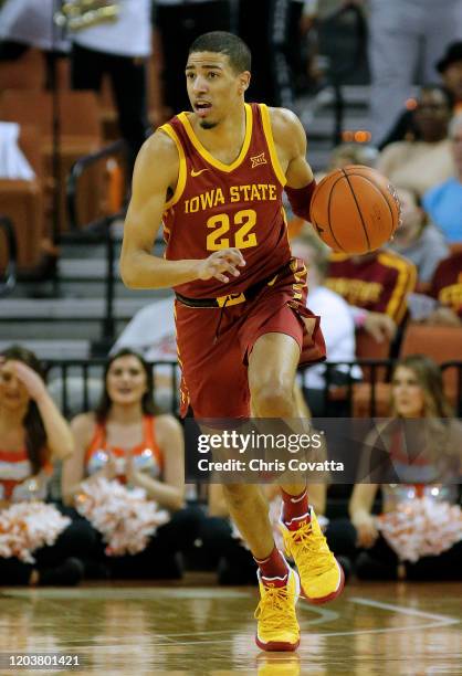 Tyrese Haliburton of the Iowa State Cyclones drives up court against the Texas Longhorns at The Frank Erwin Center on February 01, 2020 in Austin,...