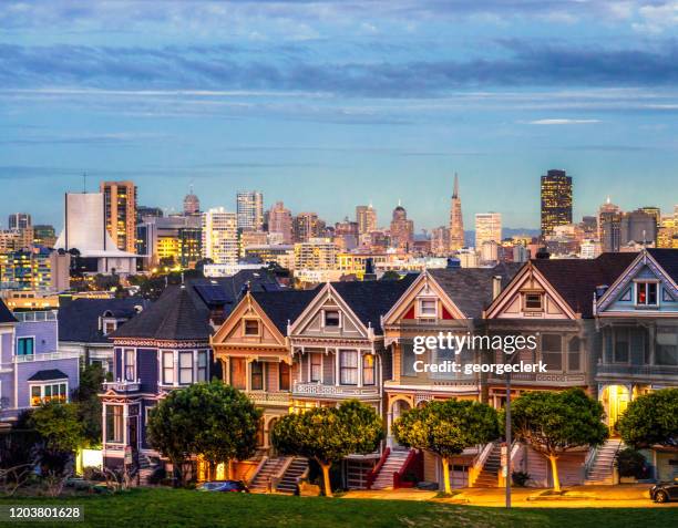 san francisco - bemalte damenhäuser - alamo square stock-fotos und bilder