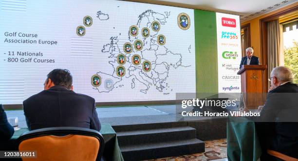 The president of the Golf Course Association Europe , Lars Havrevold, delivers remarks to participants during the first day of the European Golf...