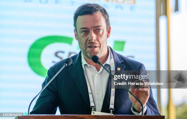 The president of the Portuguese Golf Federation, Miguel Franco de Sousa, speaks about Portugal's Golf situation to participants during the first day...