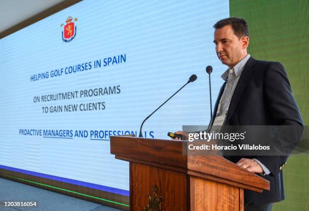 Royal Spanish Golf Federation consultant Javier Guidelalbe Folch speaks about the Spanish Golf situation to participants during the first day of the...