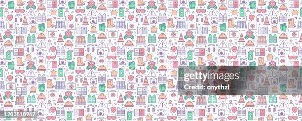 vector set of design templates and elements for work safety in trendy linear style - seamless patterns with linear icons related to work safety - vector - safety background stock illustrations