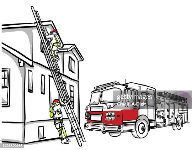 fireman climbing ladder - fire engine stock illustrations