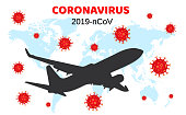 Dangerous COVID-19. Novel coronavirus 2019-nCoV. Airplane flying. Pandemic medical health risk. Vector illustration