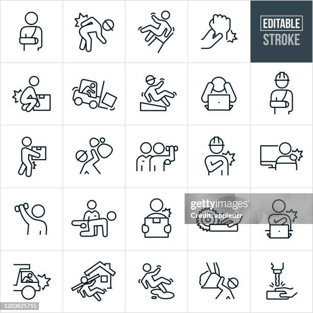 ilustrações de stock, clip art, desenhos animados e ícones de workplace injury thin line icons - editable stroke - acidente conceito