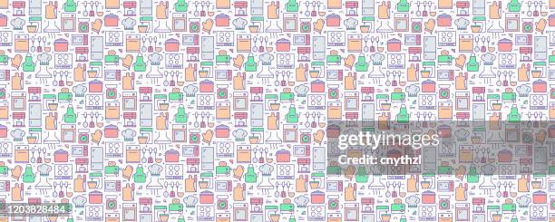 vector set of design templates and elements for kitchen utensil in trendy linear style - seamless patterns with linear icons related to kitchen utensil - vector - white kitchen backdrop stock illustrations
