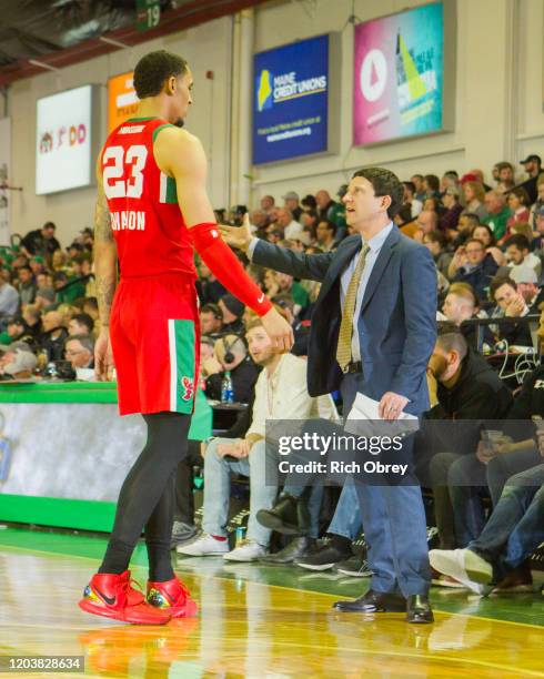 John Bohannon of the Maine Red Claws gets some instructions from Darren Erman, Head Coach, against the Lakeland Magic on Thursday, February 27, 2020...