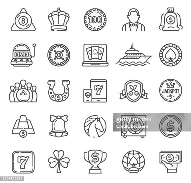 gambling games line icons mit online-spielen, karten, casino roulette und würfel-symbole - jackpot stock-grafiken, -clipart, -cartoons und -symbole