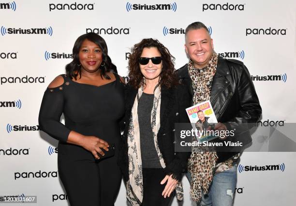 Bevy Smith, Fran Drescher and Ross Mathews pose for photos at SiriusXM Studios on February 03, 2020 in New York City.