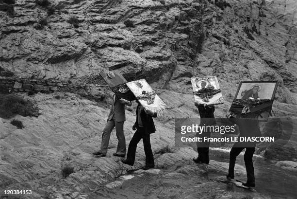 The Greek islands: a vanishing world in Karpathos , Greece on April 01, 1980 - Carrying icons in the Easter procession, Olympos village, island of...