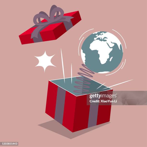 earth pops up gift box.isolated on brown background. - coiled spring stock illustrations