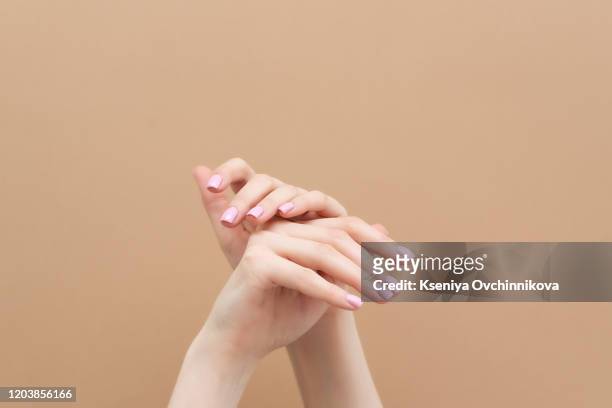 tender hands with pink manicure on trendy pastel pink background. place for text. - fingernail foto e immagini stock