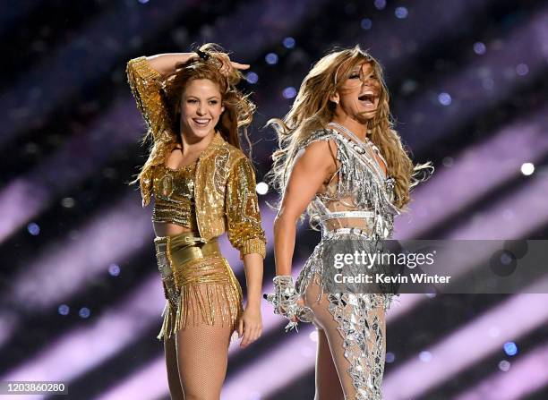 Shakira and Jennifer Lopez perform onstage during the Pepsi Super Bowl LIV Halftime Show at Hard Rock Stadium on February 02, 2020 in Miami, Florida.