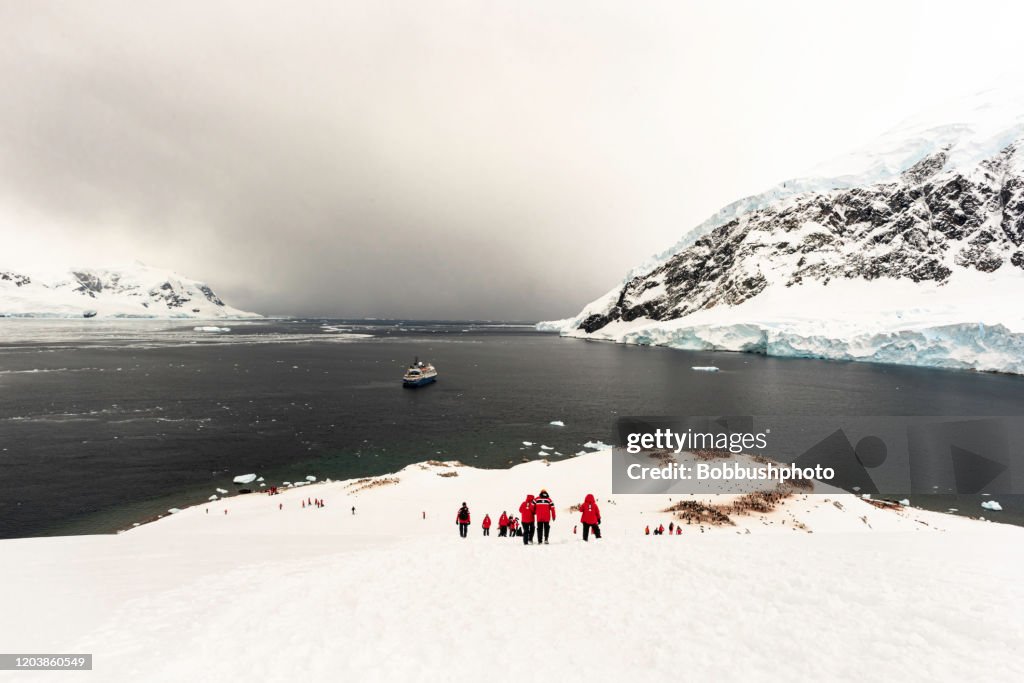 Boat anchored in Neko Harbor, Andvord Bay, Antarctic Peninsula
