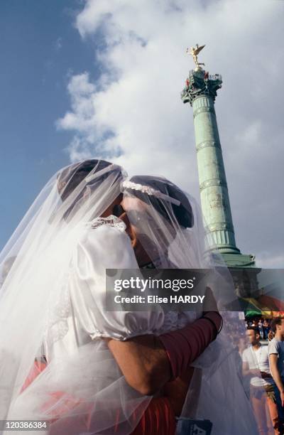 Gay Pride in Paris, France - Gay wedding at the Bastille during the Gay Pride parade.