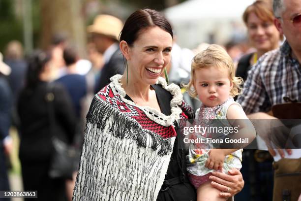 New Zealand Prime Minister Jacinda Ardern and her daughter Neve Gayford at the upper Treaty grounds at Waitangi on February 04, 2020 in Waitangi, New...