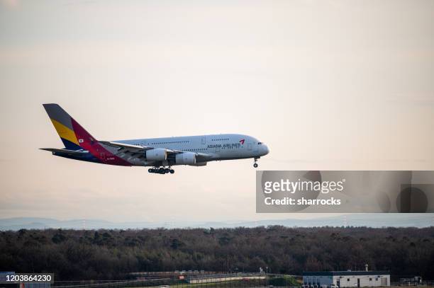 asiana airbus a380 approaching frankfurt airport - asiana airlines stock pictures, royalty-free photos & images