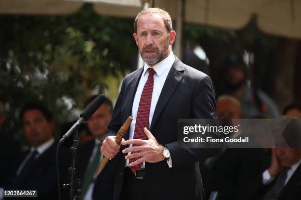 Justice Minister Andrew Little speaks at the upper Treaty grounds Te Whare Runanga on February 04, 2020 in Waitangi, New Zealand. The Waitangi Day...