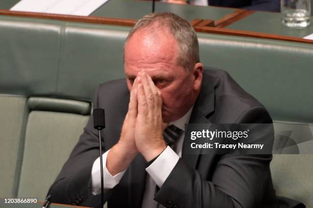 Former Nationals leader Barnaby Joyce listens to condolences in the House of Representatives on February 04, 2020 in Canberra, Australia. Usual...