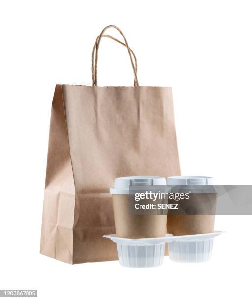 recycled paper kraft shopping bag with coffee cup - coffee bag stock pictures, royalty-free photos & images