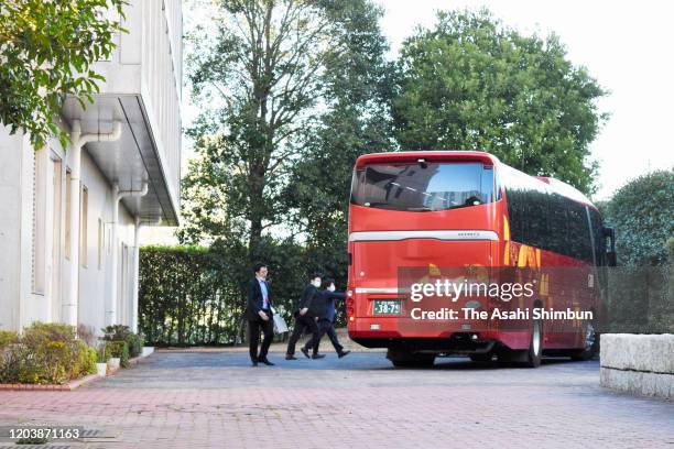 Bus carrying those repatriated from Wuhan arrives at the Ministry of Finance Customs Training Center, where they spend some days on January 31, 2020...