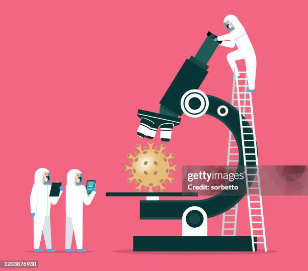 ilustraciones, imágenes clip art, dibujos animados e iconos de stock de científicos analizando - coronavirus - técnicos especialistas de laboratorio