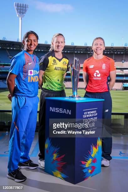 Womens T20 Captains Harmanpreet Kaur of India, Meg Lanning of Australia and Heather Knight of Great Britain pose for a photo during the Future...