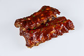 Hickory smoked beef ribs on isolated white background.