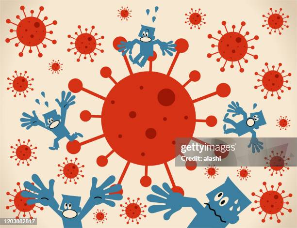 stockillustraties, clipart, cartoons en iconen met groep mensen die aan het coronavirus ontsnappen (bacterie, virus) - refugees