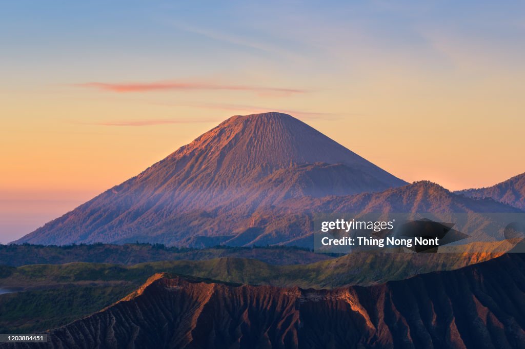 Mount Semeru in the morning from a view of Mount Bromo at Sunrise