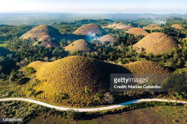 aerial view of road through the chocolate hills, philippines - bohol philippines stock pictures, royalty-free photos & images