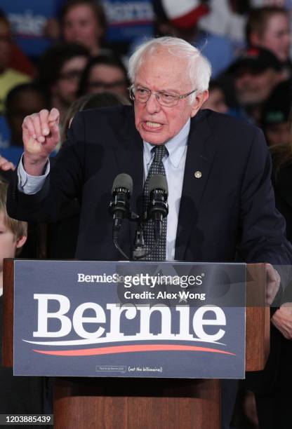 Democratic presidential candidate Sen. Bernie Sanders addresses supporters during his caucus night watch party on February 03, 2020 in Des Moines,...