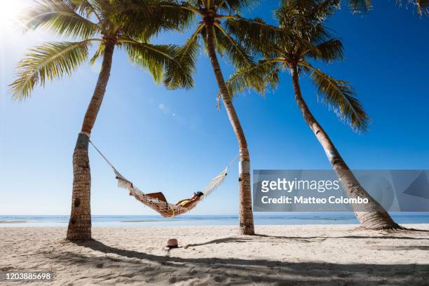 woman relaxing in a hammock, panglao, bohol, philippines - litorale foto e immagini stock
