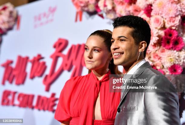 Ellie Woods and Jordan Fisher attends the premiere of Netflix's 'To All the Boys: P.S. I Love You' at The Egyptian Theatre on February 03, 2020 in...