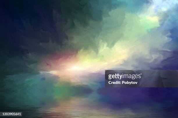 dramatic clouds reflected in the water - mountain oil painting stock illustrations