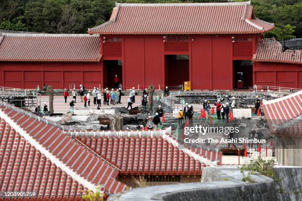 Shuri Castle, which was burnt down on October 31 last year is seen as it is opened to media on February 4, 2020 in Naha, Okinawa, Japan.