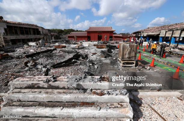 Shuri Castle, which was burnt down on October 31 last year is seen as it is opened to media on February 4, 2020 in Naha, Okinawa, Japan.