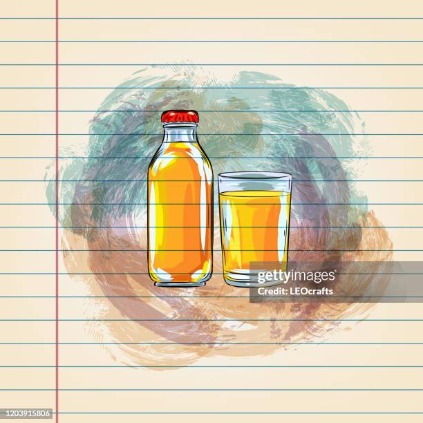 orange juice drawing on ruled paper - fruit juice bottle stock illustrations